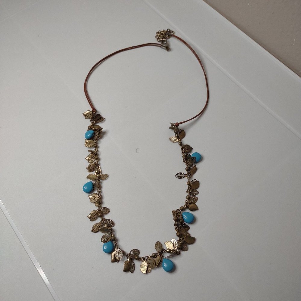 Blue And Gold Tone Leaves Necklace Adjustable 27 To 29 Inches long